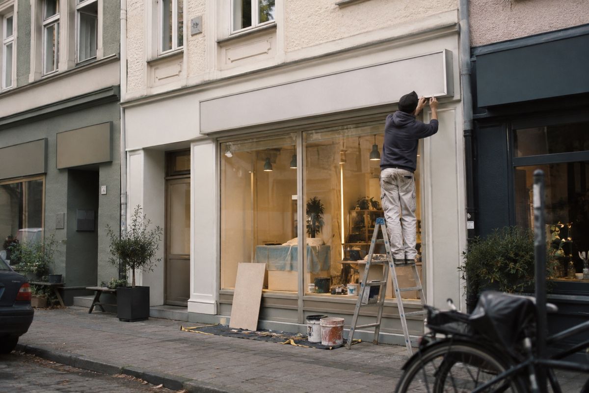 Ein Handwerker steht auf einer Leiter vor einem Ladenlokal und befestigt über dem Schaufenster ein noch leeres Schild; auf dem Gehweg stehen Farbeimer.
